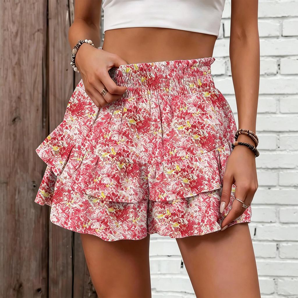 Women's Summer Fashionable Elastic Waist Floral Print Holiday Casual Shorts
