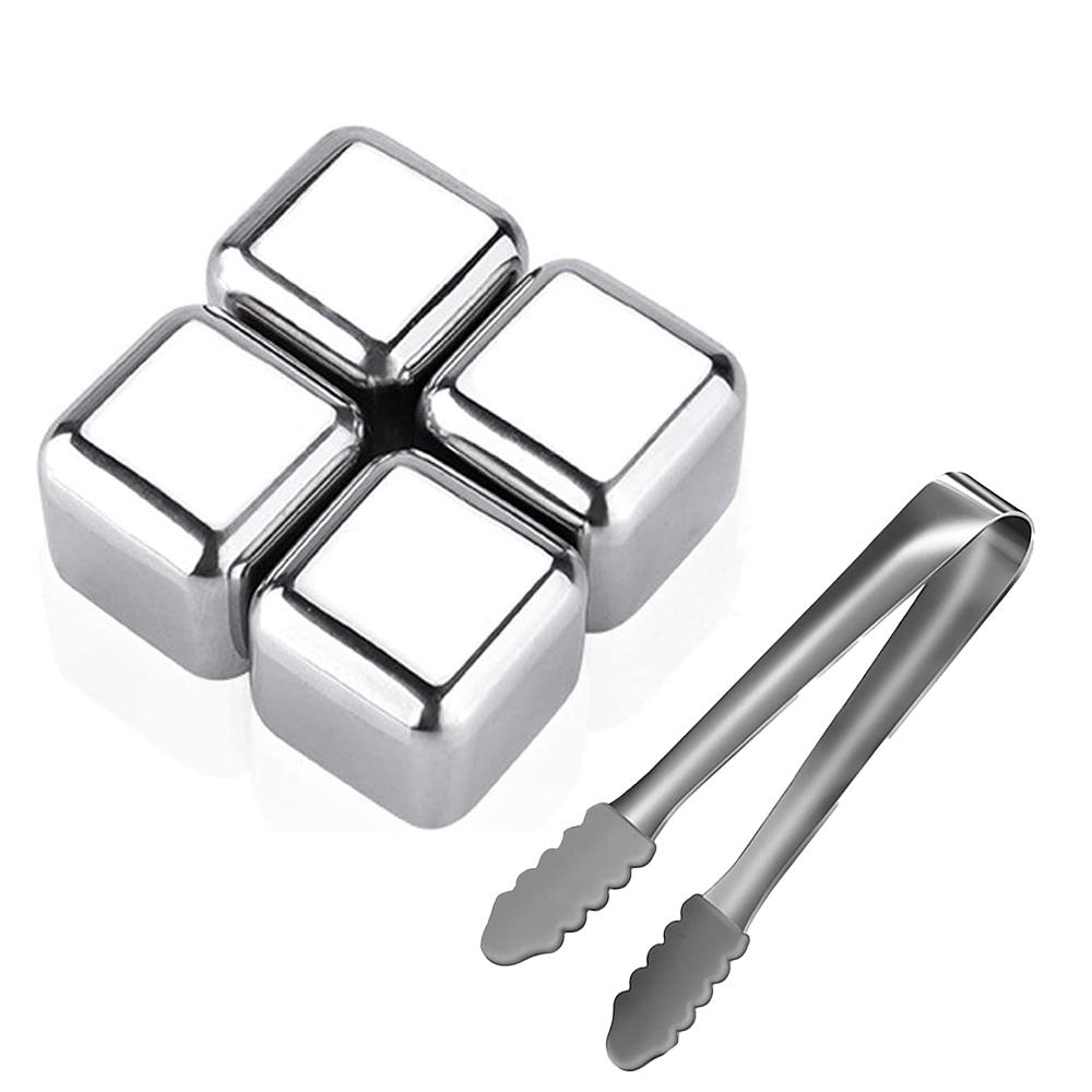 

Многоразовые кубики льда из нержавеющей стали для виски, охлаждающие металлические камни для виски 4 cubes+ 1 tongs серебряный