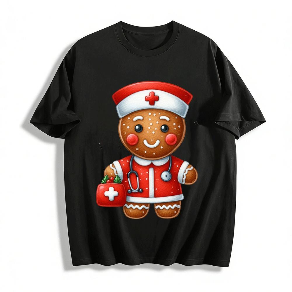 Christmas Medical Gingerbread Man Graphic Casual Top Pure cotton T-shirt XXS