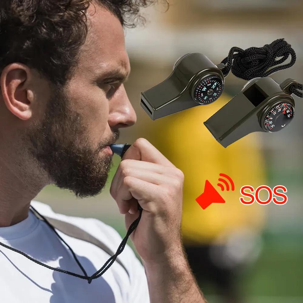 1/2pc 3 in 1 Emergency Survival Whistle Compass Thermometer Referee Whistle Camping Hiking Outdoor Multifunction Whistle