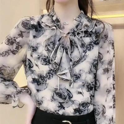 Mode Vielseitige Floral Bluse Spitze Up Lange Ärmeln Chiffon Hemd Frühling Herbst Neue Rüschen Lose Schlank Bodenbildung Top M-4XL