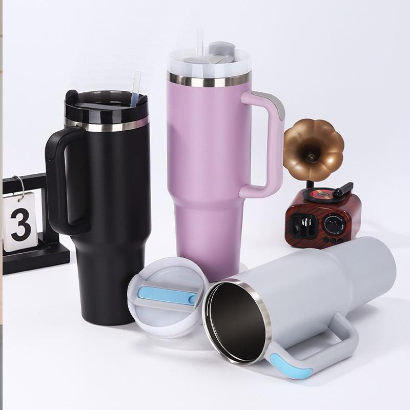 1Pc 1200ML 304Stainless Steel Print Cup with Straw Portable Car Cup Large Capacity Water Cup Car Water Bottle