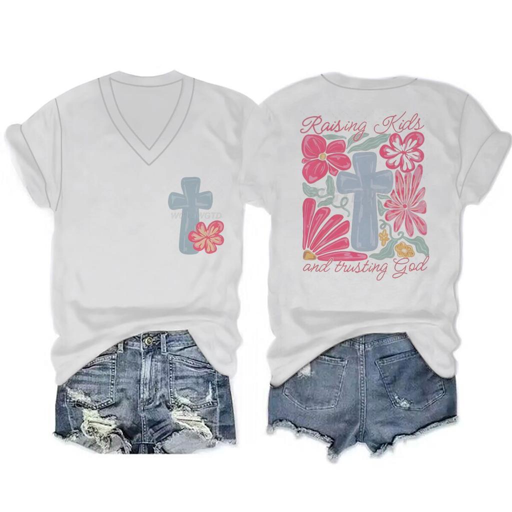 Religious Christian Faith Tshirts Short Sleeve Vneck Casual Tops Jesus Cross Flower Shirt Cross Faiths Casual Tshirt Women