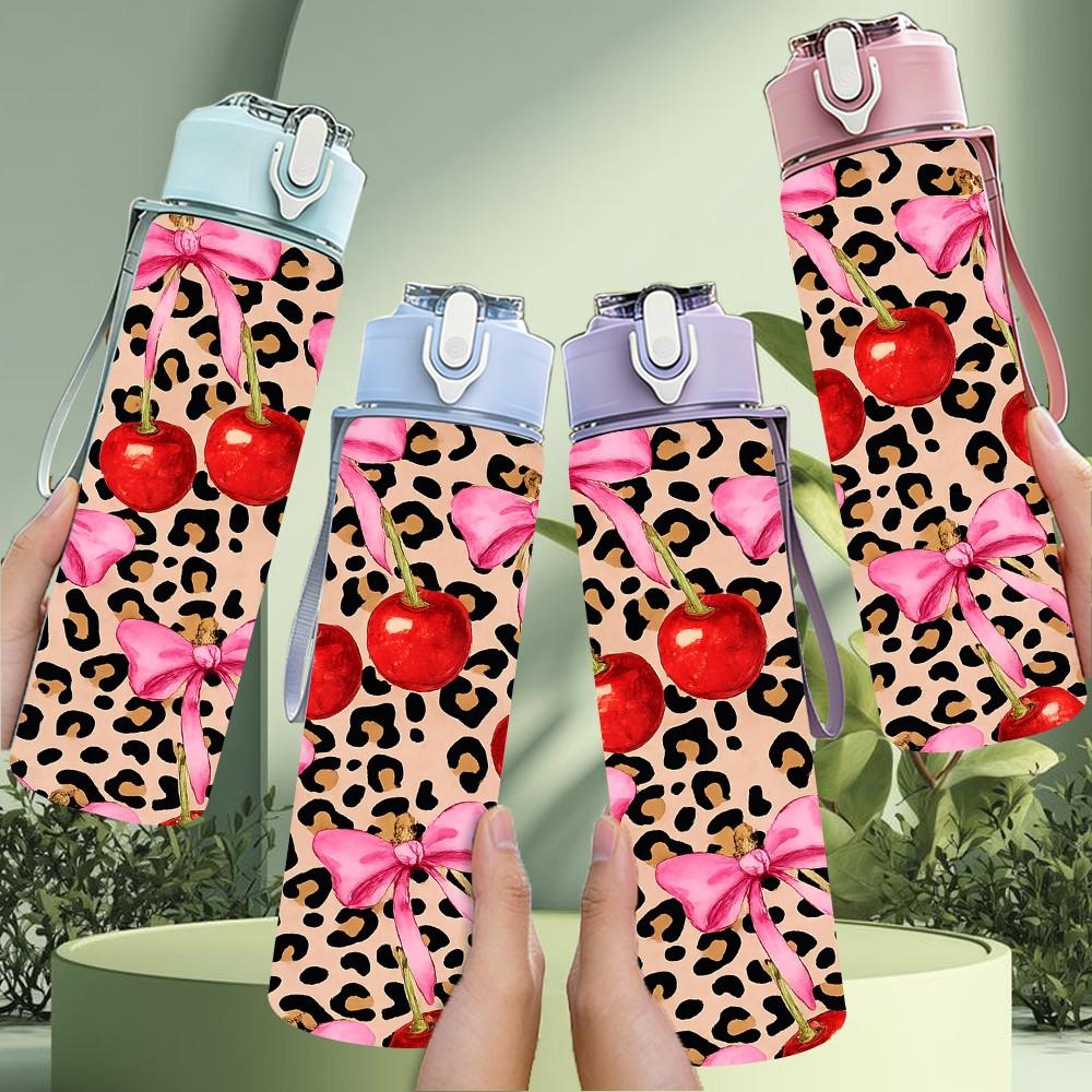 1PC Leopard Print Red Cherry Fruit Print 750ml Color Plastic Sports Water Bottle Leakproof Flip Straw Lid Suitable for Sports Office Home Use