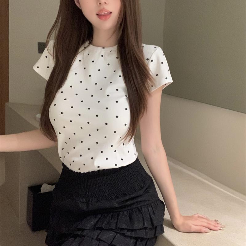 

Модные корейские серо-белые женские футболки, летние, с коротким рукавом и круглым вырезом, повседневные, тонкие, в горошек, короткие футболки, женские топы y2k, одежда L