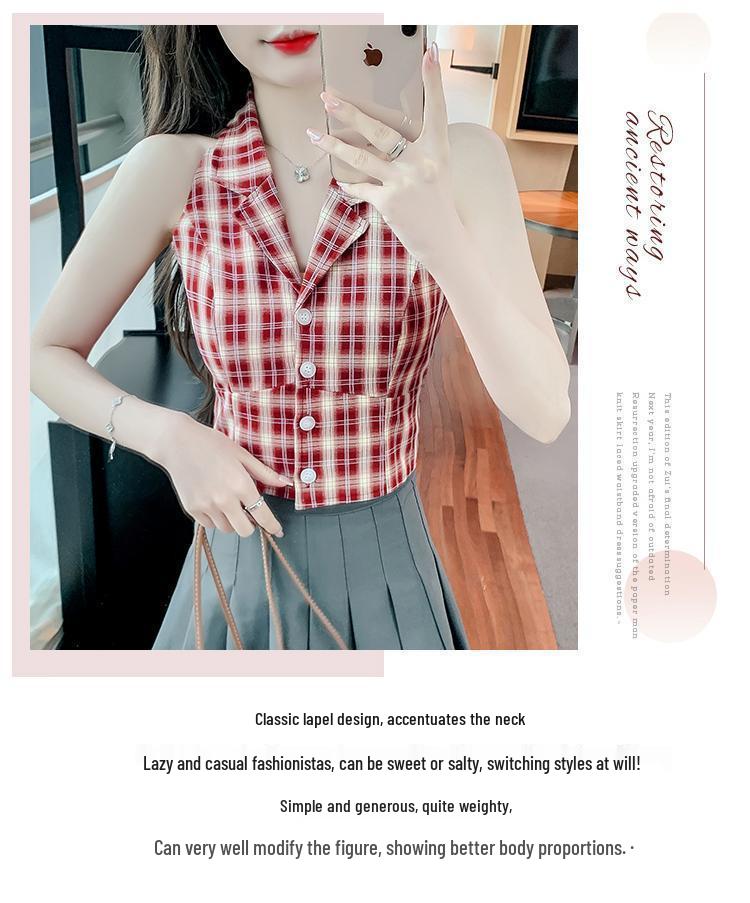 Damen Retro Karo Ärmellose Weste mit Anzugkragen & Taillierungsdesign
