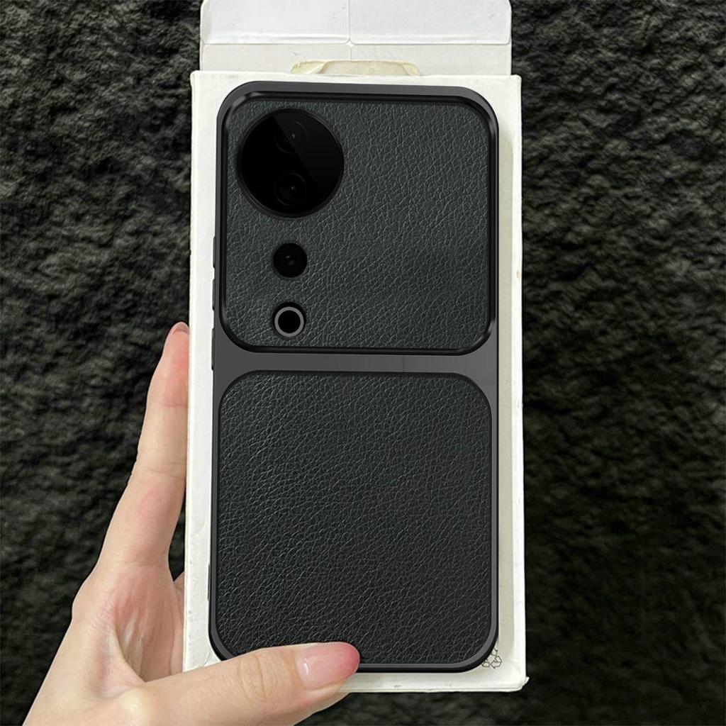 Premium Executive Leather Case for Vivo V40 Pro Large Window Lens Protector Cover