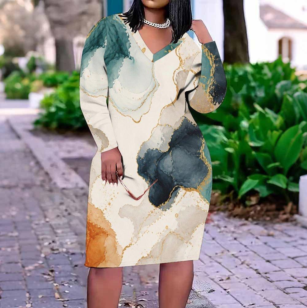 Women Plus Size V Neck Long Sleeve Abstract Printed Fitted Straight Dress