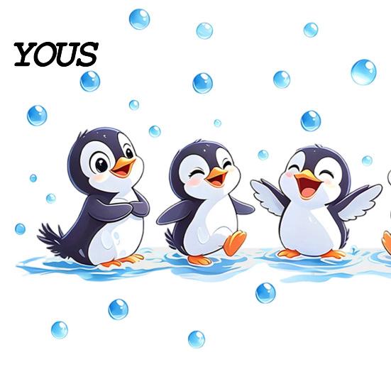 Easy Peel Wall Stickers Penguin Decals, Cute 4 Happy Penguins Bathing Decor, Self Adhesive Water Vapor Resistant Removable for Bathroom,