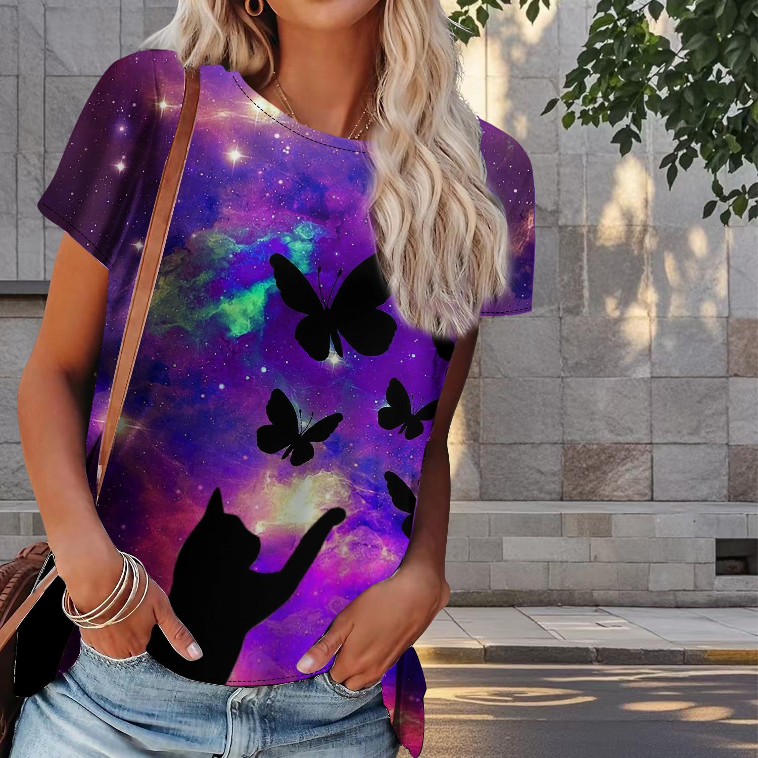 

Женская летняя футболка с принтом котенка в стиле ретро, футболки с коротким рукавом, повседневные топы с принтом 8XL фиолетовый