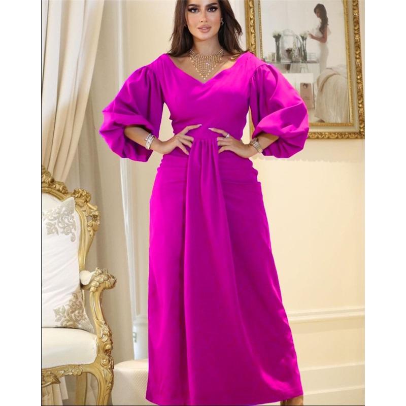 

Solid Color Lantern Sleeve V-neck High Waist Long Women s Evening Dress XXL Яскраво-рожевий