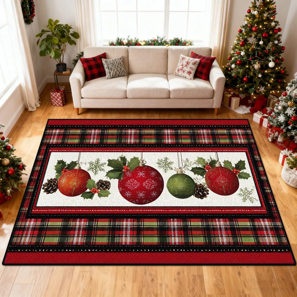 Holiday Holly Carpet Rug Christmas Bauble Snowflake Home Decoration Mat Festive Xmas Plaid Red Living Room Decorative Design