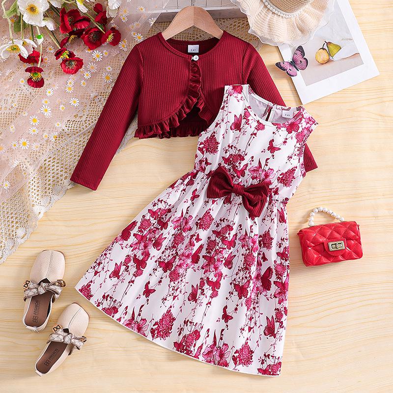 Spring-Autumn Girls' Princess Jacket & Vest Set: Long Sleeve Dress with Printed Vest