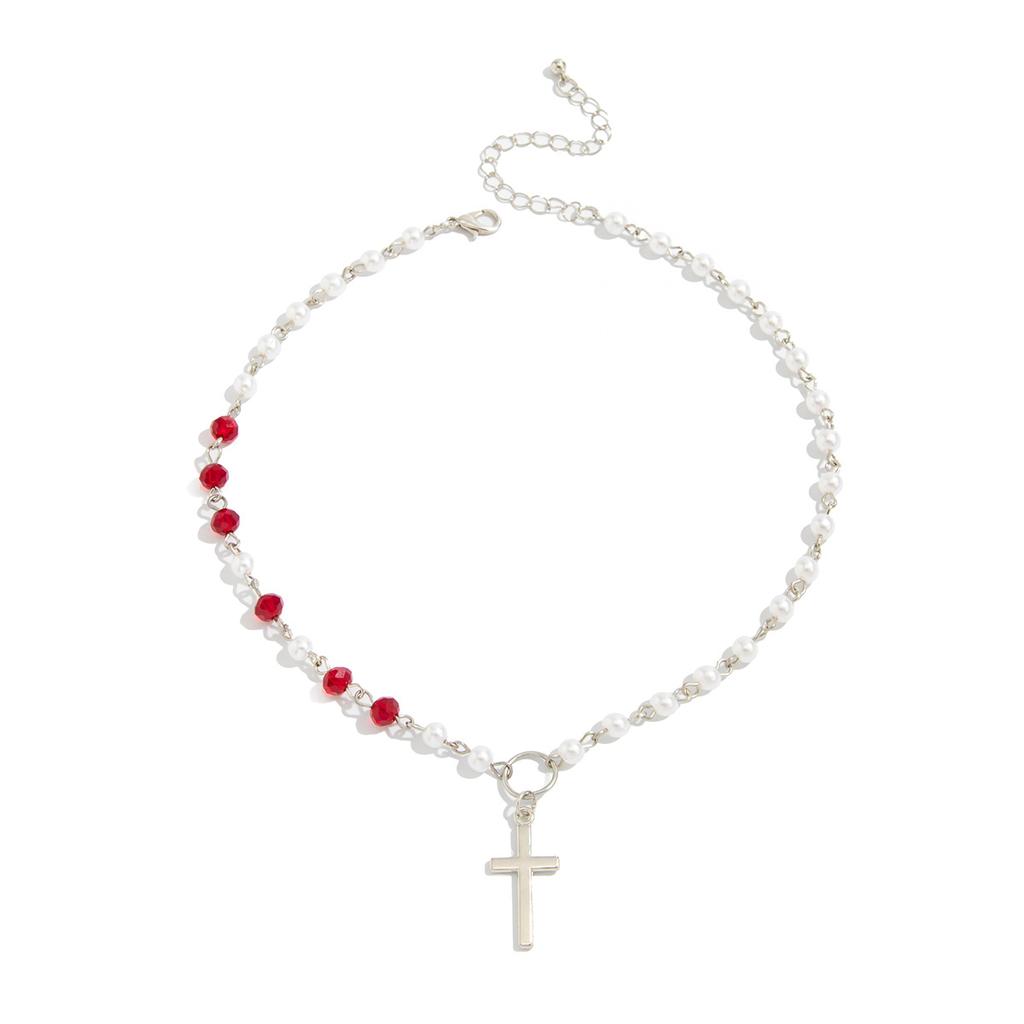 Fashion Style Cross Pendant, Collarbone Necklace, Simple Imitation Pearl Crystal Chain Necklace For Women