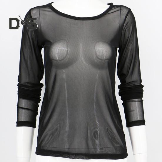 Women Club Top See Through Ultrathin Mesh Long Sleeve Solid Color Soft Breathable Round Neck Pullover Elastic Slim Fit Punk Beach Top
