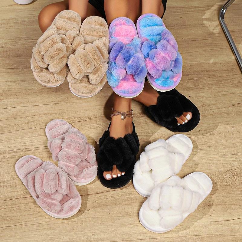Cross Strap Fluffy Slippers Women Winter Home Peep Toe Plush Fur Slippers Woman Flat Heel Keep Warm Cotton Slides Shoes