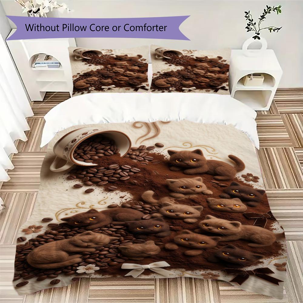 Coffee Black Cat Pattern Bedding Uilt Set Uilt Cover Pillowcase Home Decoration Birthday Gift (1 * Duvet Cover + 2 * Pillowcase Without Core)