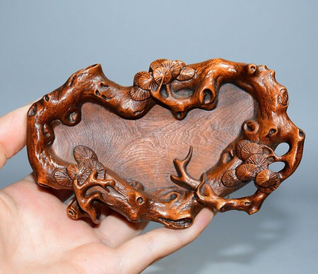Chinese Natural Boxwood Carved Pine Statue Exquisite Brush Washers Collection