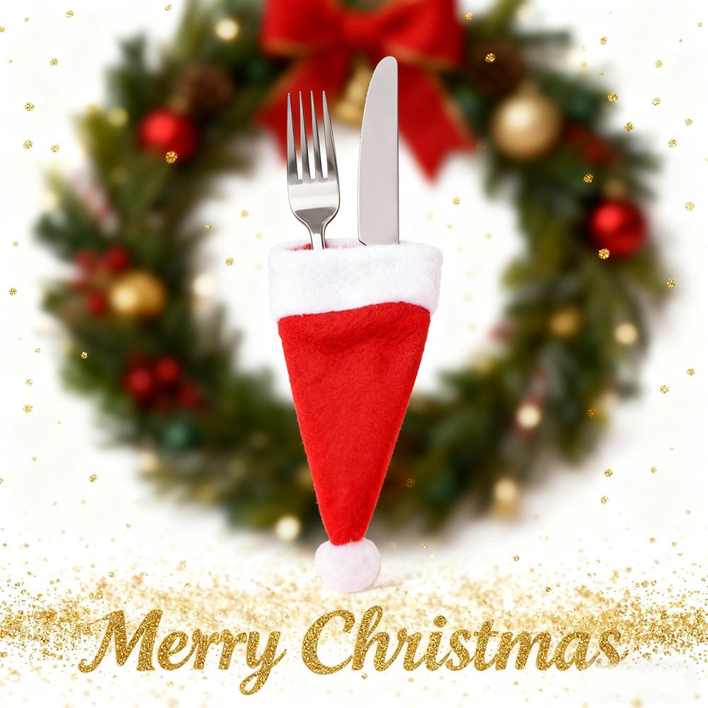 Mini Christmas Hats Silverware Holders,Tableware Knife Fork Spoon Storage Bag Wine Bottle Xmas Hat Ornaments for Christmas Decor