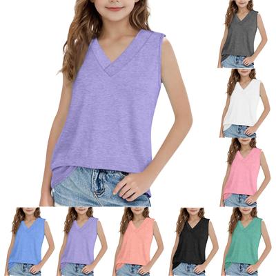 Summer Girls V-neck Vest Sleeveless Casual T-shirt Solid Color Loose Sports Vest