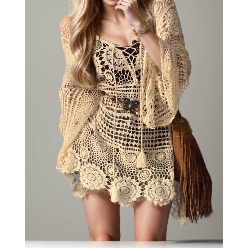 

Футболка женская вязаная кружевная с длинным рукавом с круглым вырезом полые летние стильные базовые топы футболки свободная одежда One Size бежевый