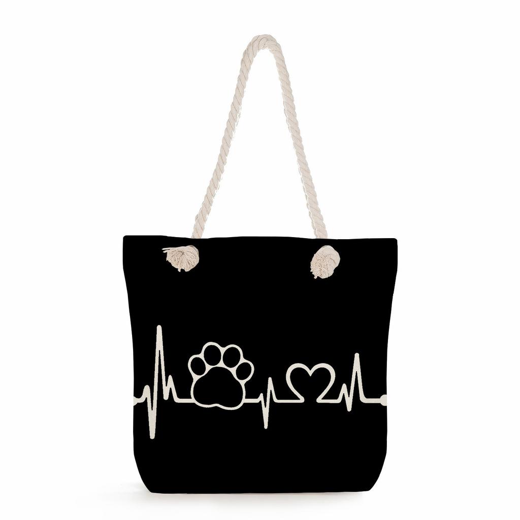 Multifunctional Dog Paws Printed Thick Rope Shoulder Beach Bag Casual Large Capacity Handbag 7601