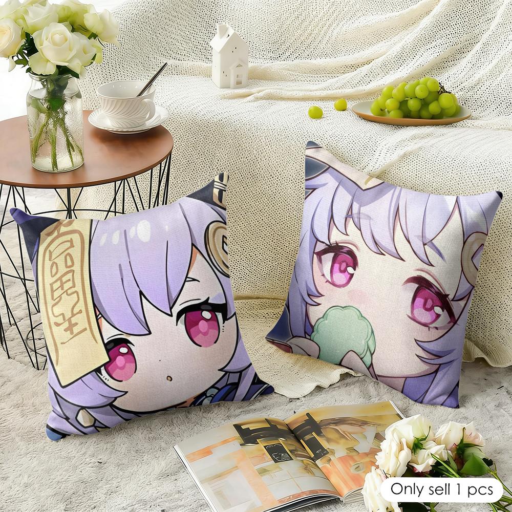 Qiqi Cute Genshin Impact Cushion Cover Natural Linen Organic Fabric DoubleSided Printing Sofa Home Decor Gift Pillow Case