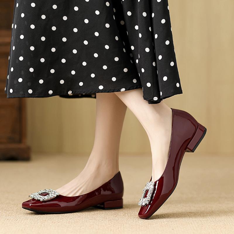 Huiliya Square Head Single Shoes Women's 2025 Women's Thick Heel New Fashion Commuting Temperament Low Heel Square Buckle Rhinestone Women's Shoes