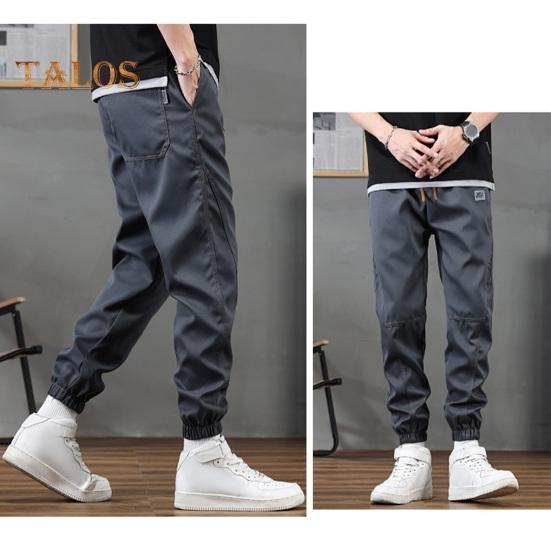 Spring Fall Men Cargo Pants Loose Drawstring Elastic Waist Multi Pockets Ankle-banded Solid Color Plus Size Sport Trousers Daily Wear Ninth Pants