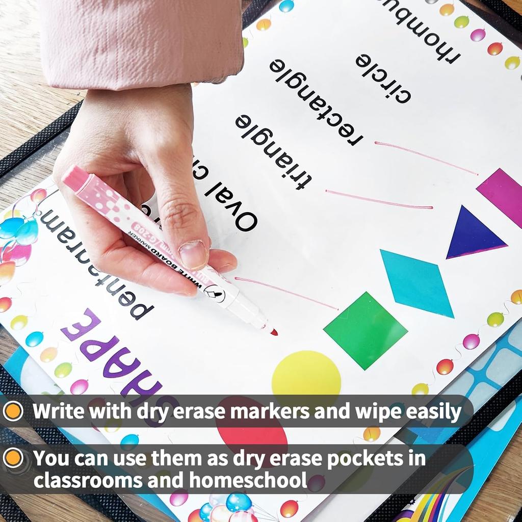 6 Packs Oversized Reble Dry Erase Pocket Sleeves, Black 10x14 Ticket Holders, Clear Plastic Sheet Protectors, Teacher School Classroom Supplies