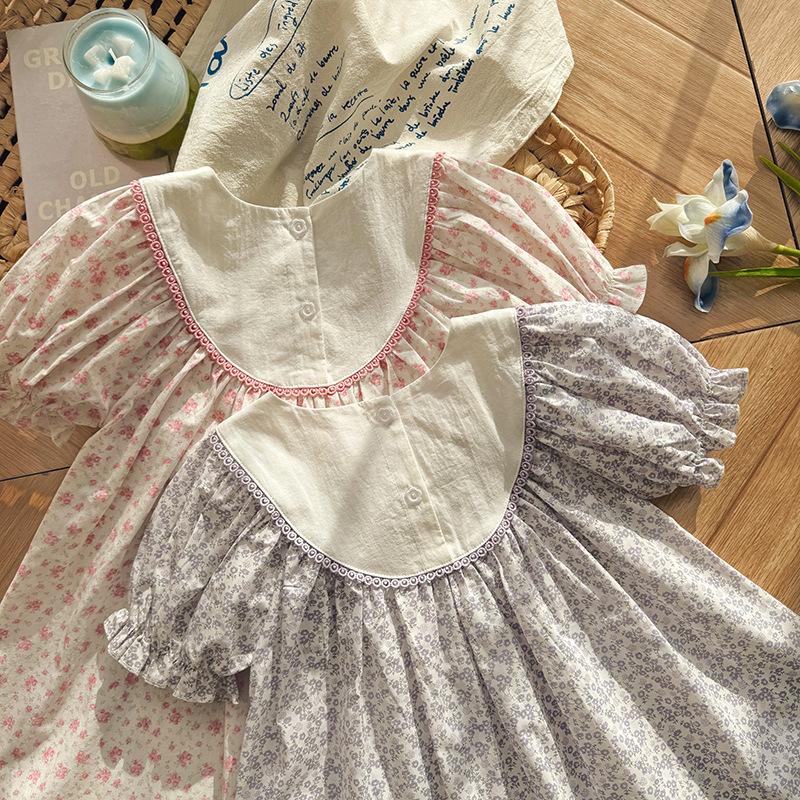 Sweet Girls Summer Puff Sleeve Lace Dress Floral Embroidery Short Sleeve Princess Party Dress For Kids
