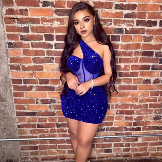 One Shoulder Mini Dress Women Shiny Sequin See-through Mesh Patchwork Slant Neck Sleeveless Cocktail Party Short Backless Sheath Slim Fit Club