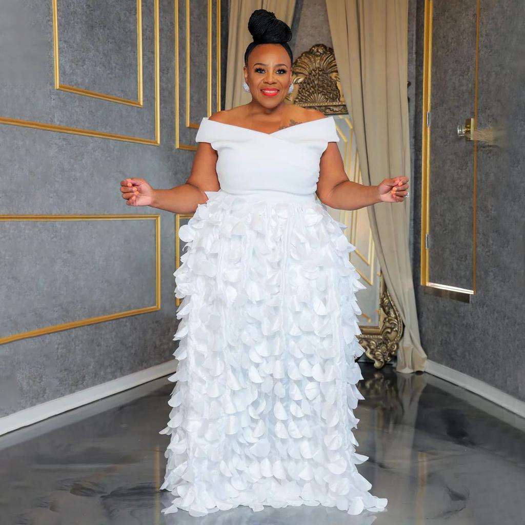 Maxi Abito da Donna Taglie Forti a Spalle Scoperte con Ruffle a Petalo 3D Vita Alta Lunghezza Maxi Elegante Abito da Sera Abito per Ospite di Matrimonio Formale Abito da Ballo