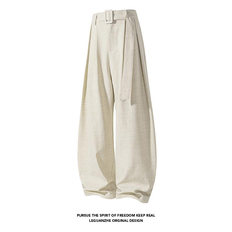 Men Loose Wide Leg Linen Like Curved Cut Casual Long Pants