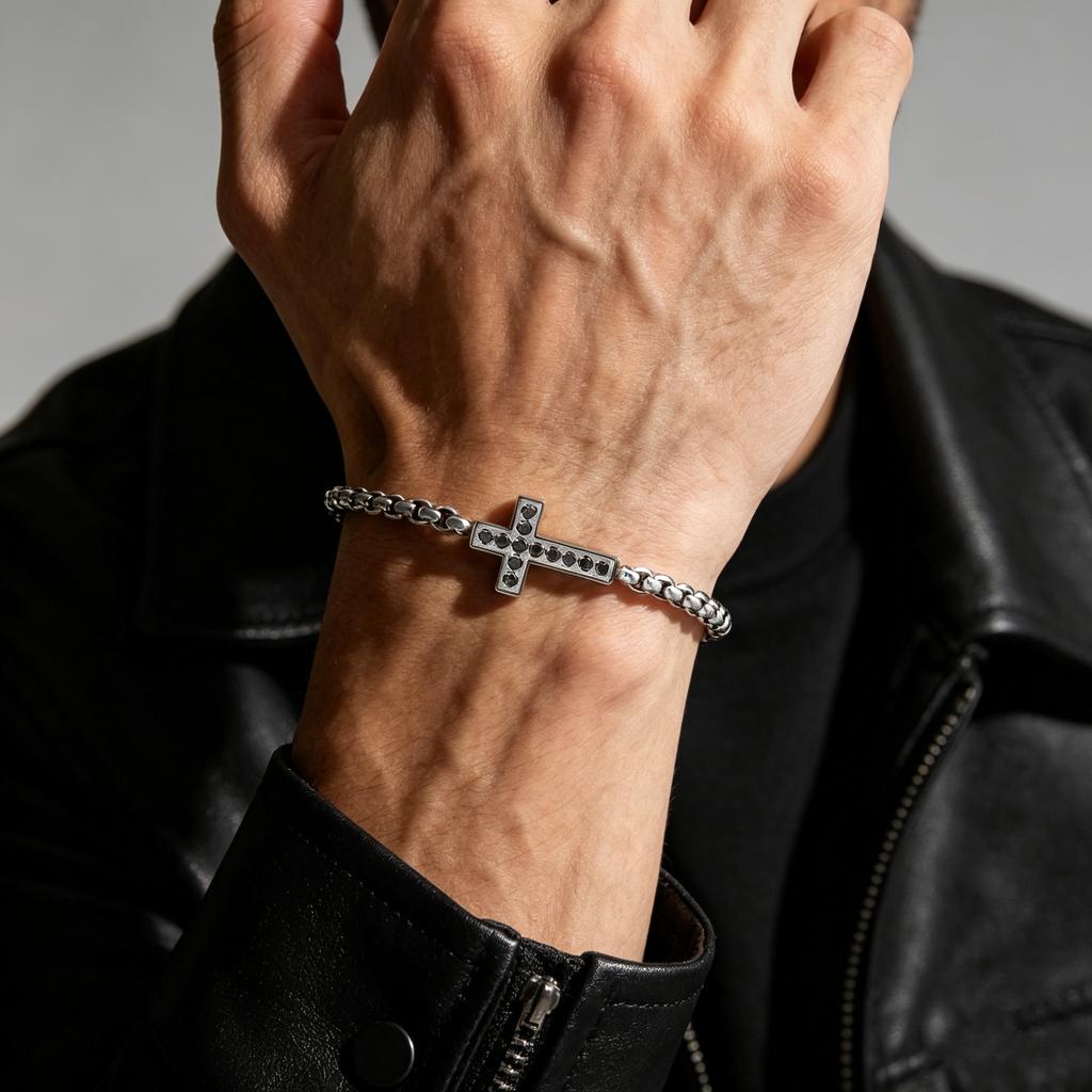 Classic Zircon Cross Bracelets for Men, Stainless Steel Chain Wristband, Stylish Religious Jewelry Gift for Dad Father Husband