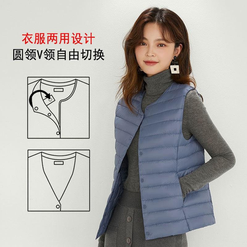 Womens Lightweight Down Vest Slim Fit Sleeveless Puffer With Round Or V-Neck 90% White Duck Inner Layer