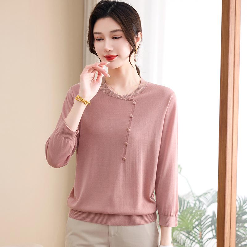 

Women s Spring/Autumn Knit Shirt with Lapel, Hot Drill Details, Three-Quarter Sleeves, Loose Fit for Middle-Aged - 2026 Collection 3XL (130-145 lbs recommended)