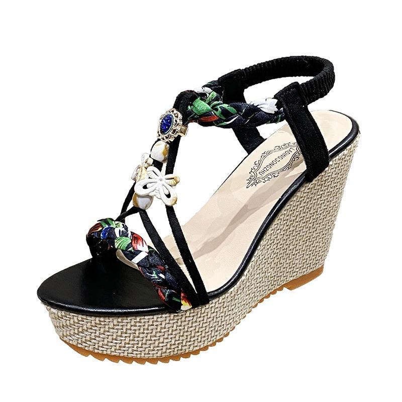 Summer new round head open-toed wedge heel sandals women's beaded muffin platform sandals