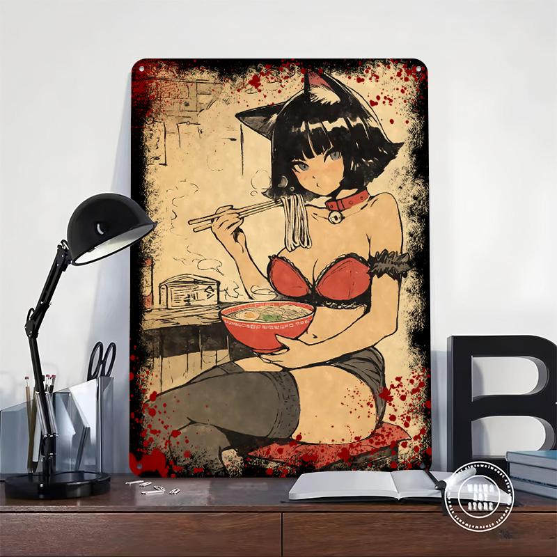 Vintage Anime Catgirl Eating Ramen Tinplate Poster Customized Wall Art Vintage Metal Signs Retro Tin Plaque for Bar Accessories