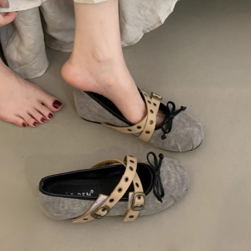 

Модные женские балетки 2025 Высококачественные джинсовые Мэри Джейн Модный бант Перекрестная шнуровка Пряжка Дизайнерские балетки Удобная мягкая подошва Женская обувь 35 серый