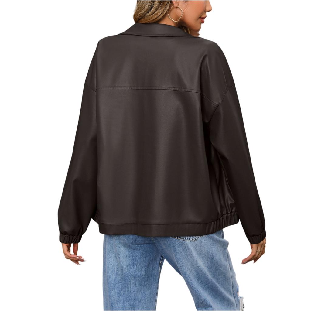 Women's Casual Long-Sleeved Color PU Leather Jacket