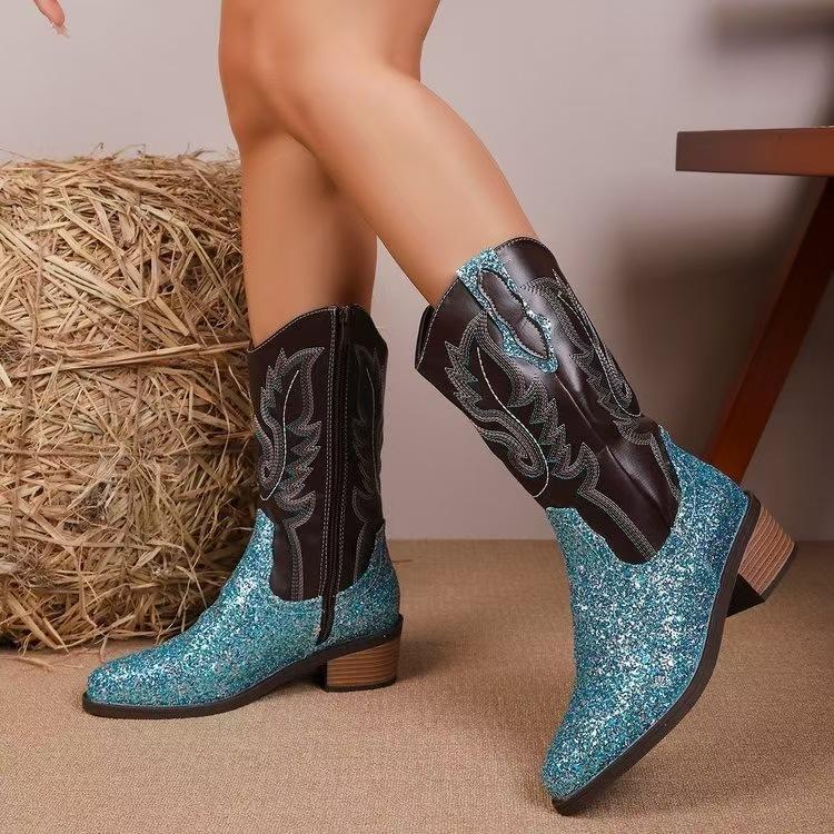 New large size embroidered fashion tall knight boots thick heel side zipper pointed western cowboy boots