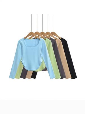 Spicy Girl Quadratischer Ausschnitt Tailliert Langarm T-Shirt für Damen - Frühling/Herbst Basisschicht, Hohe Taille, Geschwungener Stil Top