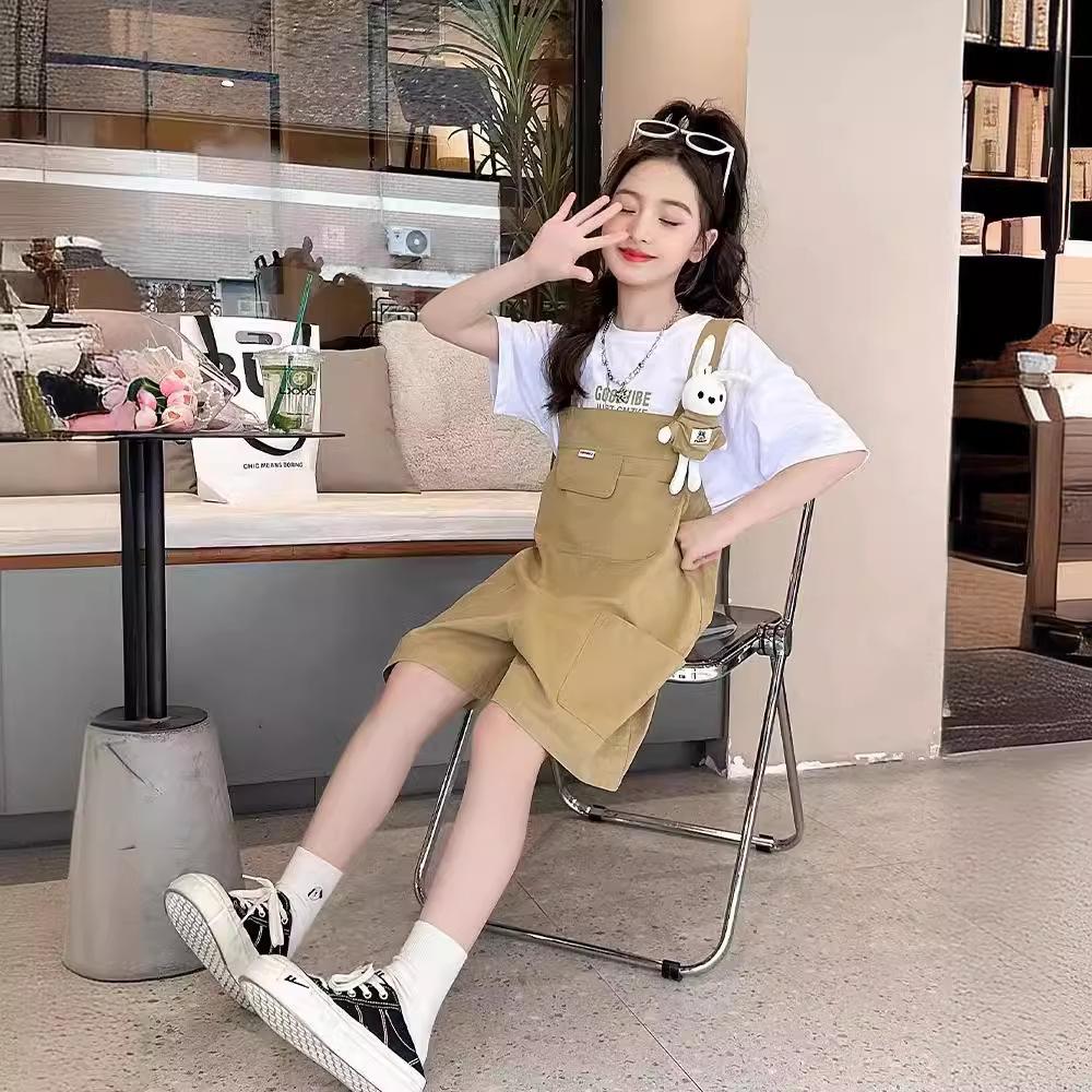 Girls Summer Solid Short Sleeve T Shirt with Cute Denim Overalls Set