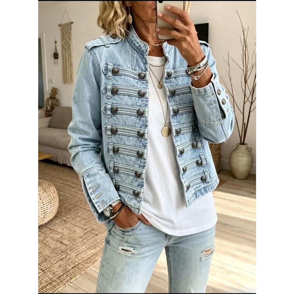Napoleonic Style Single-Breasted Multi-Button Cropped Denim Jacket - Fall New Arrival, Cross-Border European & American Style, Wholesale