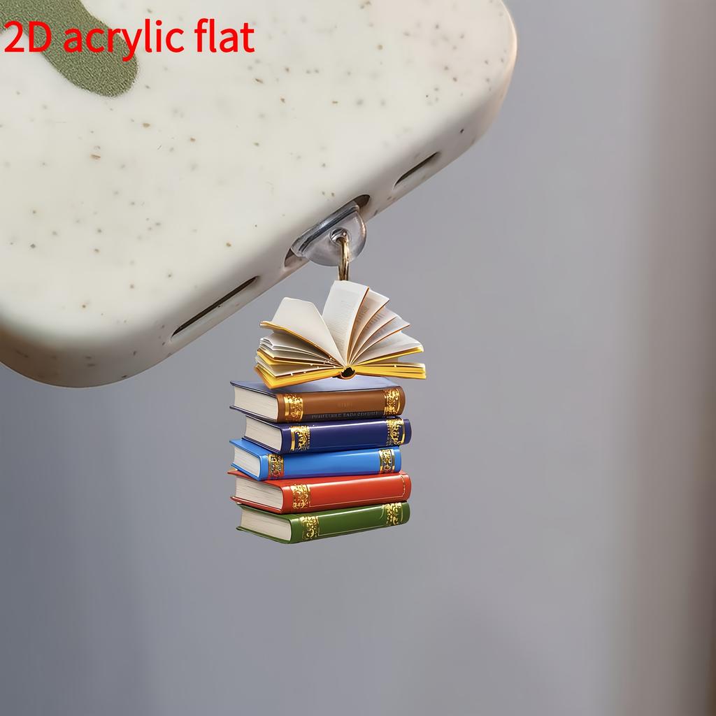 Wzór 2D Płaski 1 szt. Stos Książek - 2D Akrylowa Zatyczka Przeciwpyłowa do Telefonu - Pasuje do Złącz Type-C i do Złącz iPhone, Ochronna Osłona Przeciwpyłowa