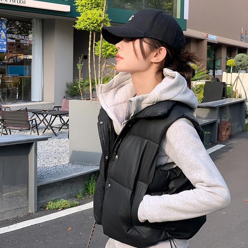 Autumn Winter Solid Color Zip-up Stand Collar Short Down Cotton Vest Slim Fit Outer Wear Student Vest Jacket