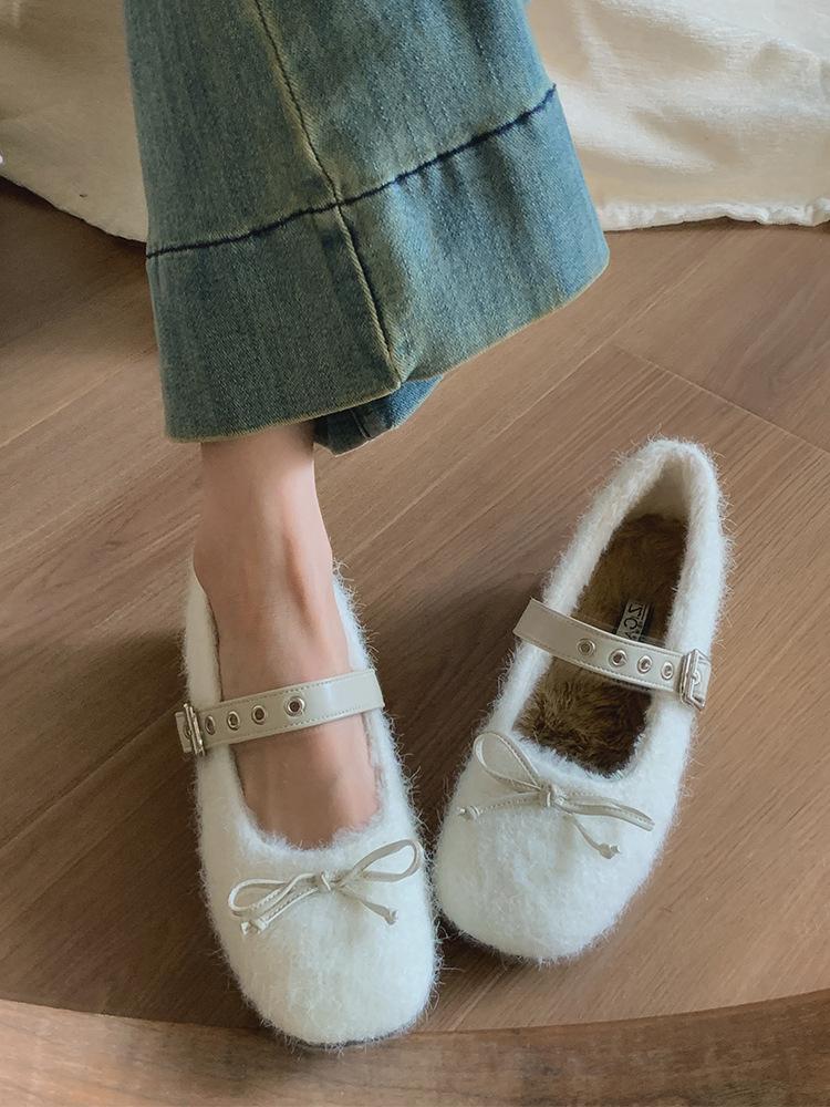 Bow-tie fluffy shoes women's winter gentle one-word belt inner height increase Mary Jane shoes plush warm thick-soled flat-soled single shoes