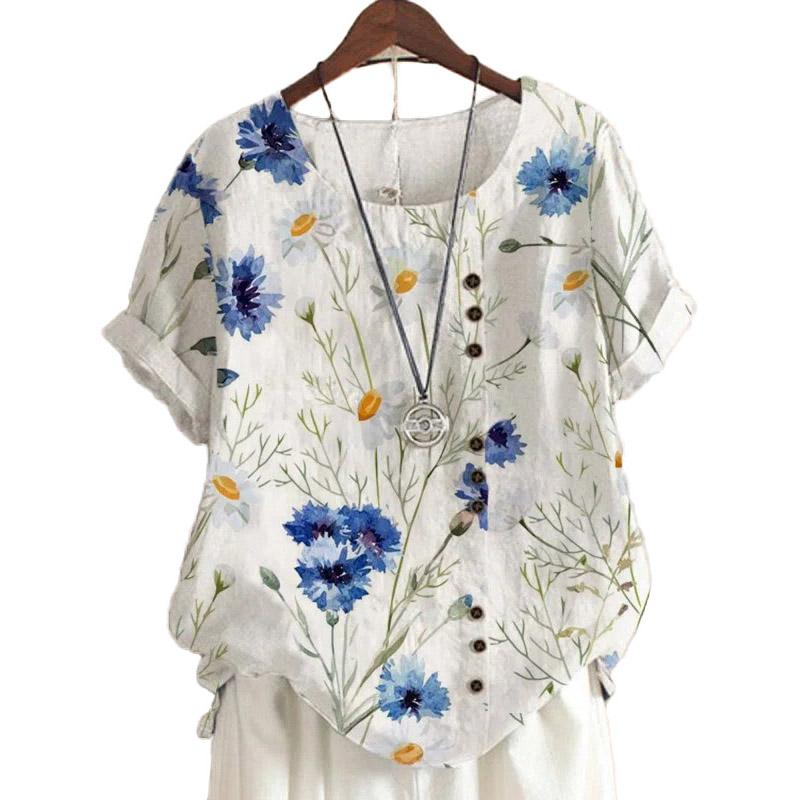 Sommer Uformell Retro bomull Lin Motetrykk Løs fritidsskjorte Kortermet allsidig T-skjorte topp for kvinner