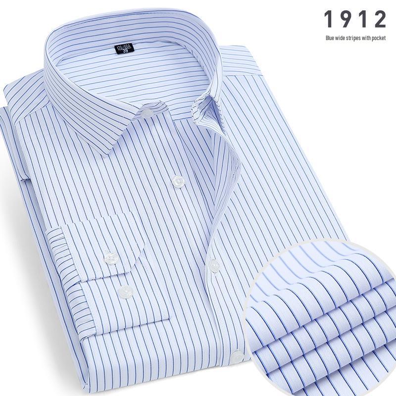 2025 Men's Non-Iron Long Sleeve Blue Striped Shirt: Spring & Autumn Business Wear